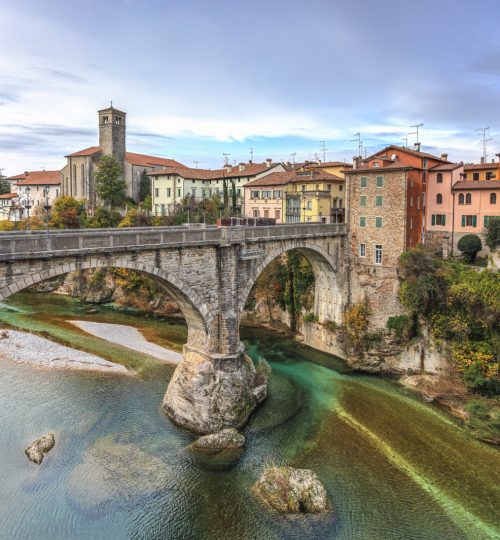 The Devils Bridge boldly suspended and wrapped in legend over the Natisone River. Photo taken on 29th of November 2022 in the Cividale del Friuli village, Udine province, Italy.